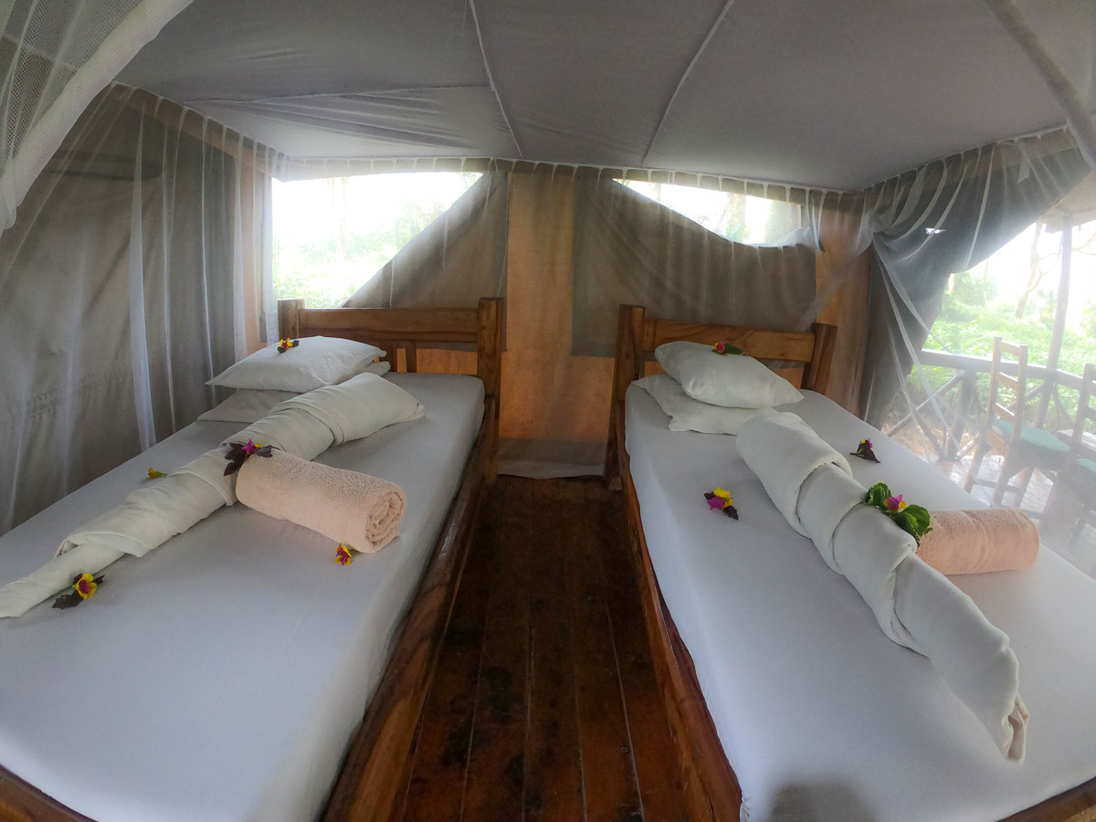 Ngorongoro bike ride, tented lodge beds Tented lodge