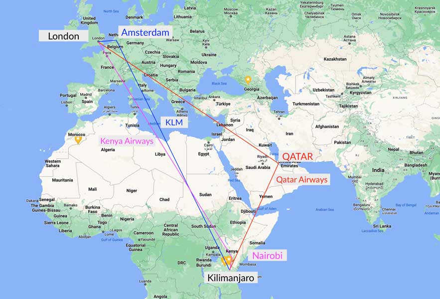 flying route map UK to Kilimanjaro