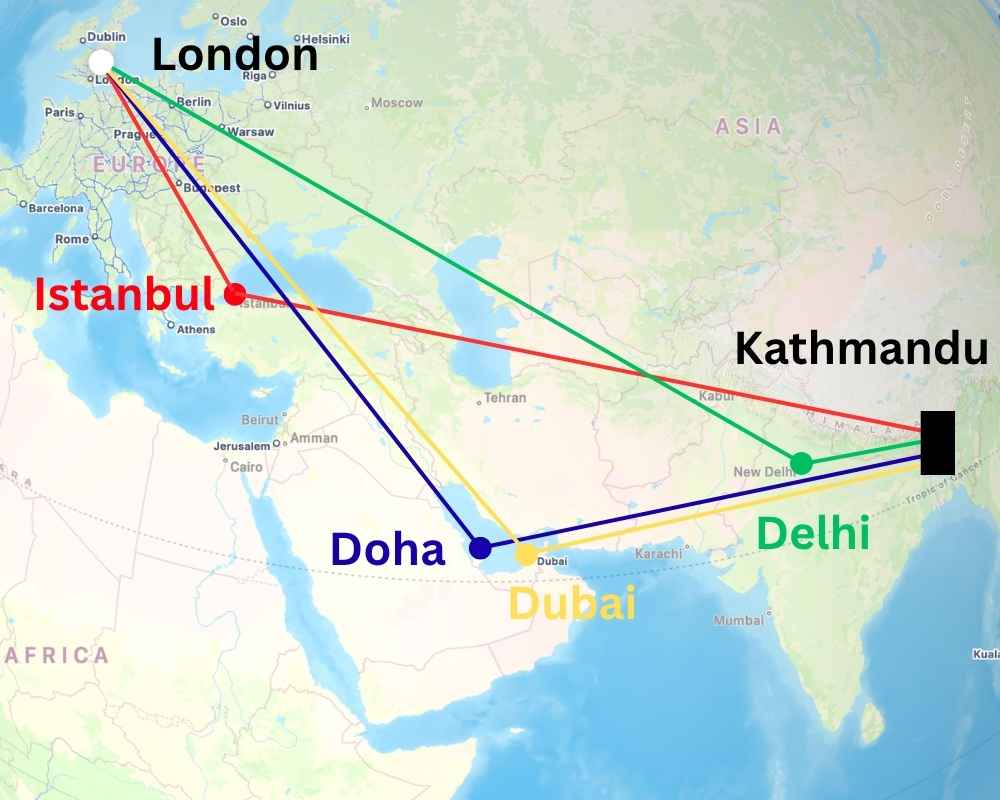 Flight routes to Kathmandu flying route map UK to Kathmandu